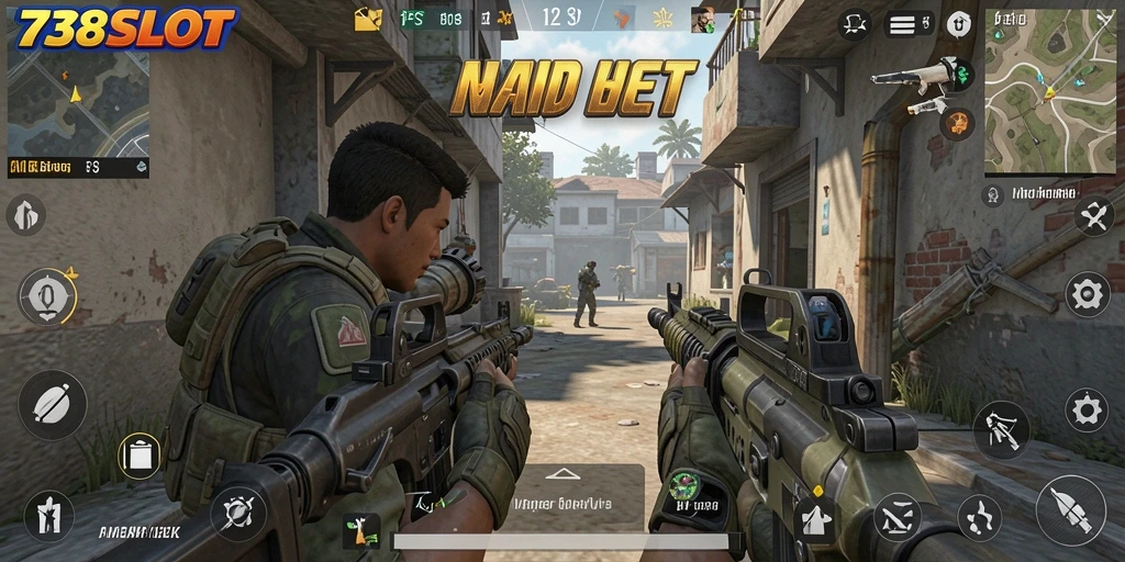 Screenshot utama 738SLOT menampilkan aksi tembak-menembak yang intens.