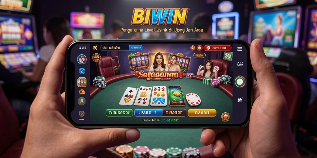 Screenshot gameplay Live Casino di BIWIN yang menampilkan dealer dan pemain berinteraksi.