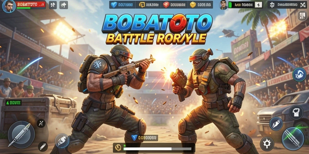 Gameplay mendebarkan dari BOBATOTO menunjukkan pertarungan intens Battle Royale.