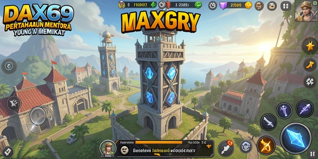 Screenshot gameplay DAX69 menampilkan aksi menara pertahanan yang seru.