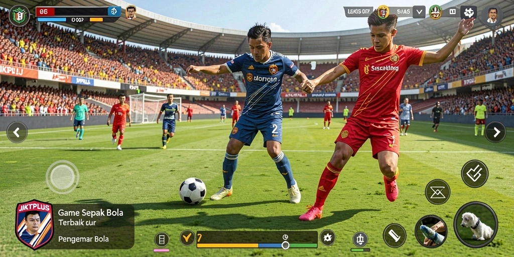 Tampilan gameplay <strong>JKTPLUS</strong> dengan aksi sepak bola yang mendebarkan.