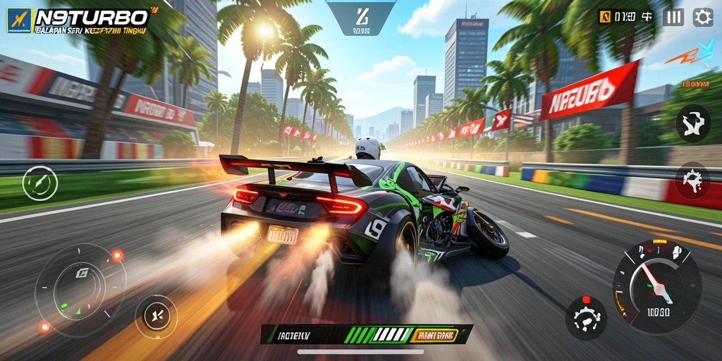 Gameplay N9TURBO yang seru dengan balapan kecepatan tinggi.