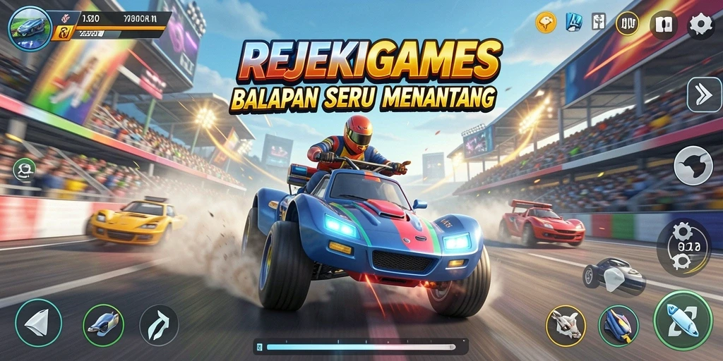 Screenshot menampilkan aksi balapan mendebarkan di REJEKIGAMES.