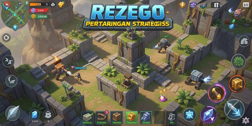 Tangkapan layar gameplay dari REZEGO menunjukkan aksi pertahanan yang intens.