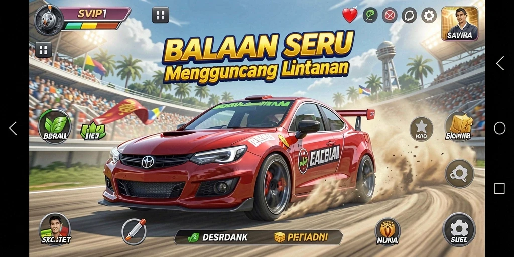 Screenshot gameplay SVIP1 dengan mobil balap melaju kencang di lintasan.