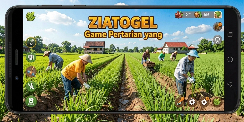 Screenshot gameplay pertanian dengan ladang hijau dan hewan ternak.